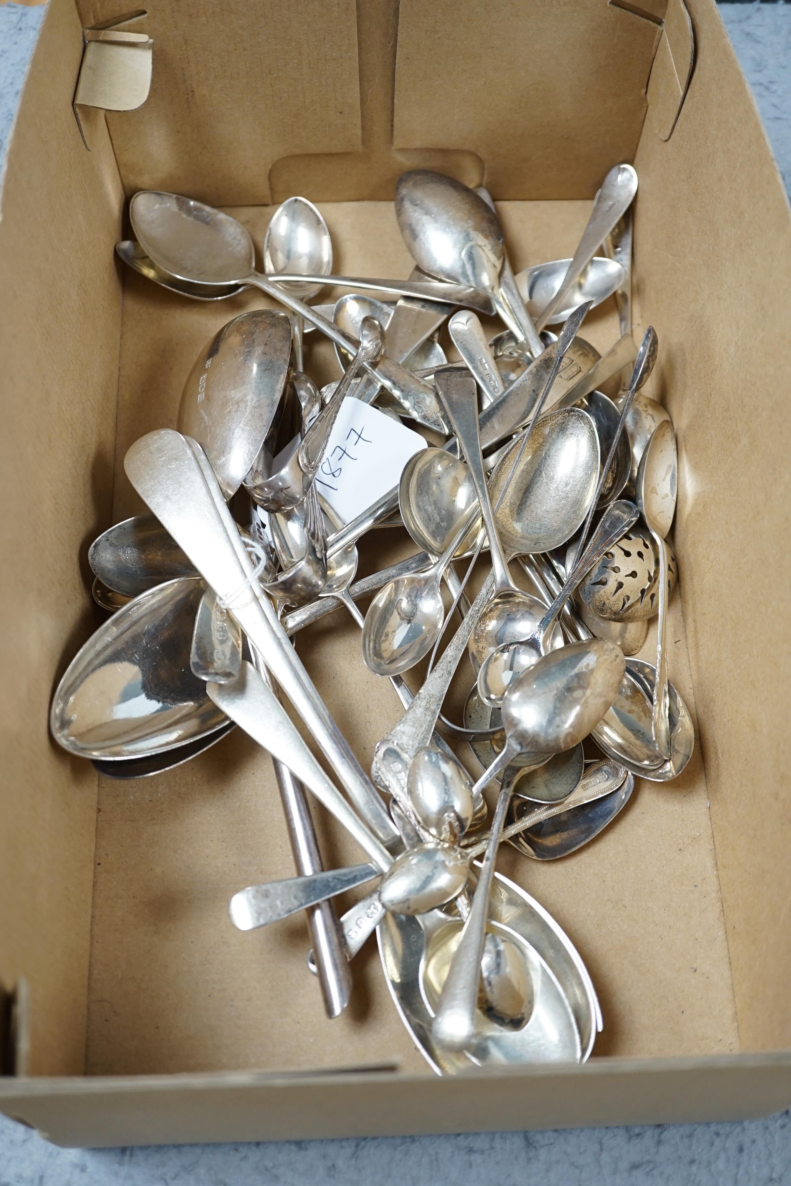 A small quantity of assorted 19th century and later silver flatware, various, dates, makers and patterns including two pairs of salad servers, 32,7oz. Condition - fair